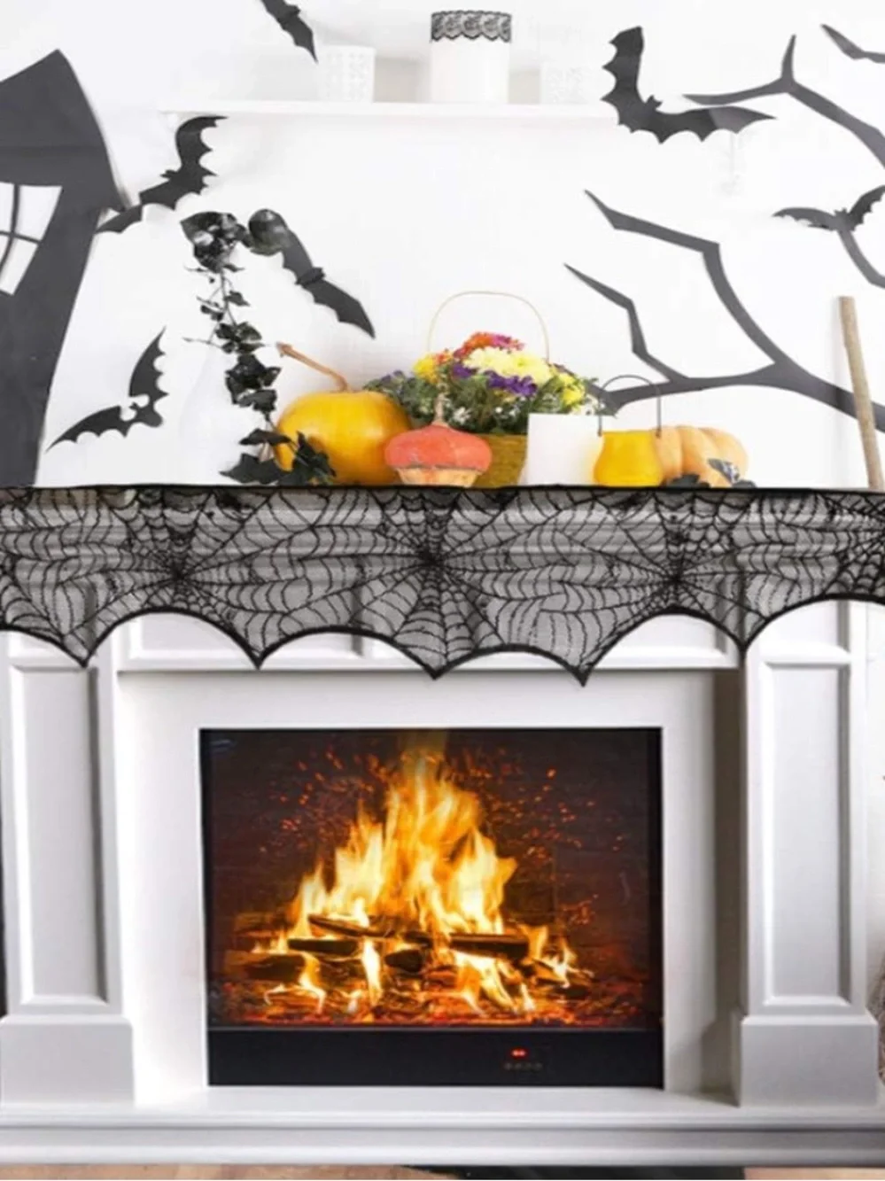Spooky Spiderweb Lace Mantel Runner - Black Halloween Decor